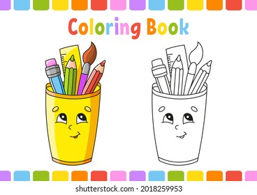 Farbbuch für Kinder. Zurück zum Thema Schule. Cartoon-Charakter. Vektorgrafik. Fantasieseite für Kinder. Schwarze Kontur-Silhouette. Einzeln auf weißem Hintergrund.