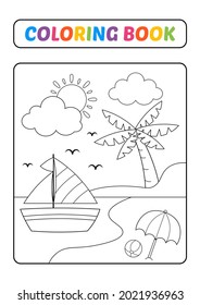 Coloring Book For Kids, Beach Vector