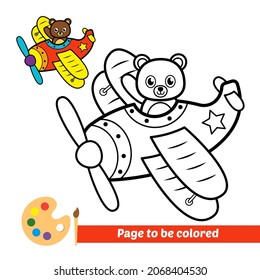 Coloring book for kids, bear flying on a plane