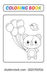 Coloring book for kids, bear playing balloons vector