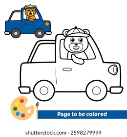 coloring book for kids, bear riding car vector