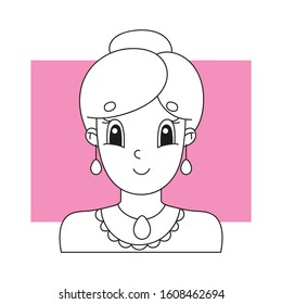 Coloring book for kids. Beautiful cute fashionable girls with jewelry. Cheerful character. Vector illustration. Cute cartoon style. Fantasy page for children. Black contour silhouette.