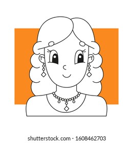 Coloring book for kids. Beautiful cute fashionable girls with jewelry. Cheerful character. Vector illustration. Cute cartoon style. Fantasy page for children. Black contour silhouette.