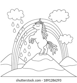 Coloring book for kids with a beautiful unicorn on top of a mountain. Cute pony horse on its hind legs, rainbow and clouds. Childrens drawing, sketch, simple contours. Cartoon vector illustration.