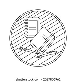 Coloring book for kids. The beginning of the school year. Design in the circle. Books, notebooks, sketchbooks, pens and pencils. Library, store. Vector