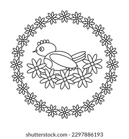 Coloring book for kids. A bird in a nest and a frame of flowers . Vector illustration.
