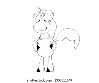 Coloring book for kids. Black and white cute cartoon unicorn. Vector illustration.