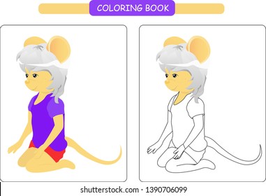 Coloring book for kids. Black and white cute cartoon rat. Vector illustration.