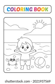 Libro de coloración para niños, niño en vector de playa