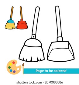Coloring book for kids, broom and dustpan vector