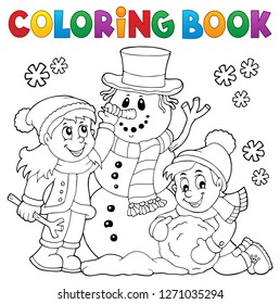 Coloring book kids building snowman 1 - eps10 vector illustration.