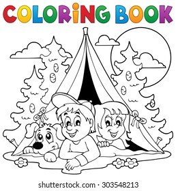 Coloring book kids camping in forest - eps10 vector illustration.