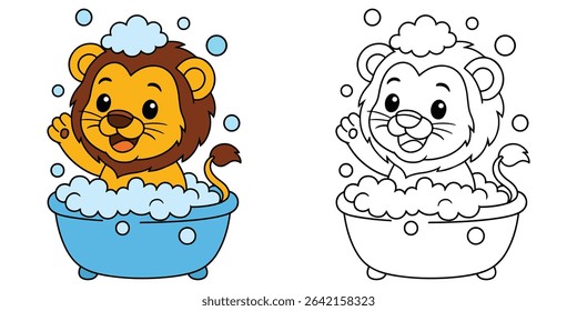 Coloring Book For Kids Cartoon Of A baby lion in a bubble bath Outline Vector Illustration