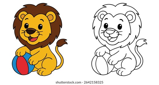 Coloring Book For Kids Cartoon Of A baby lion playing with a ball Outline Vector Illustration