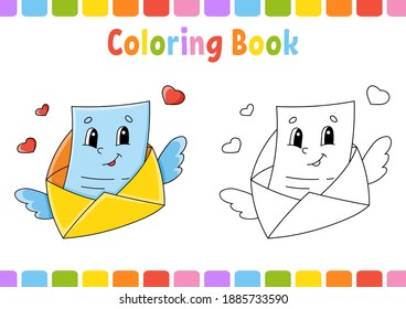 Coloring book for kids. Cartoon character. Vector illustration. Fantasy page for children. Valentine's Day. Black contour silhouette. Isolated on white background.