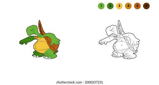 Coloring book for kids. Cartoon character. Turtle got scared and closed his eyes. Black contour silhouette. Isolated on white background. Animal theme. Vector illustration.