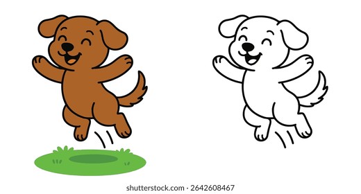 Coloring Book For Kids Cartoon Cheerful dog jumping high Outline Vector Design