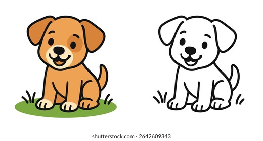 Coloring Book For Kids Cartoon Cute puppy on grass Outline Vector Design