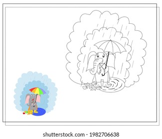 A coloring book for kids, a cartoon elephant with an umbrella stands in the rain. vector isolated on a white background