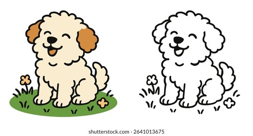 Coloring Book For Kids Cartoon Fluffy dog enjoying meadow Outline Vector Design