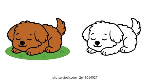 Coloring Book For Kids Cartoon Fluffy pup resting peacefully Outline Vector Design
