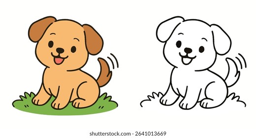 Coloring Book For Kids Cartoon Of Happy puppy wagging its tail on grass Outline Vector Illustration