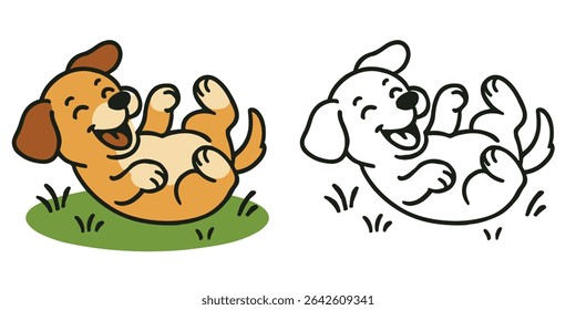 Coloring Book For Kids Cartoon Happy puppy rolling around Outline Vector Design