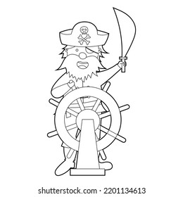Coloring book for kids, cartoon pirate controls the ship. Vector isolated on a white background.