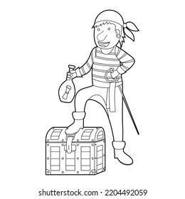 Coloring book for kids, cartoon pirate is standing on a chest. Vector isolated on a white background.