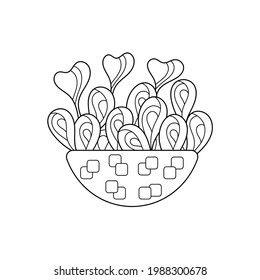 Coloring book for kids. Cartoon plant with leaves and flowers in the shape of hearts in a flower pot. Vector isolated on a white background