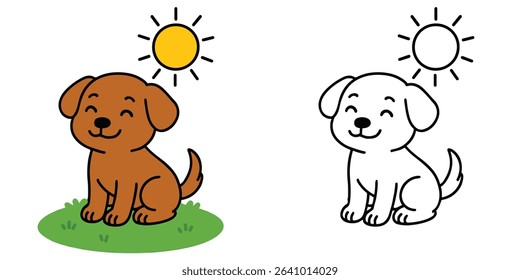 Coloring Book For Kids Cartoon Smiling dog under sun Outline Vector Design