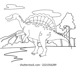 Coloring book for kids with cartoon style hand drawn dinosaur