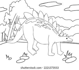Coloring book for kids with cartoon style hand drawn dinosaur. stegosaurus