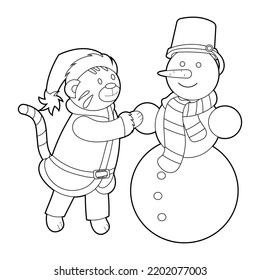 Coloring book for kids, cartoon tiger sculpts a snowman. Vector isolated on a white background.