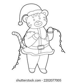 Coloring book for kids, cartoon tiger holding a garland. Vector isolated on a white background.