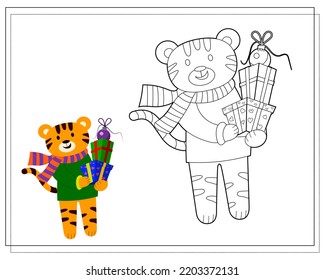 Coloring book for kids, cartoon tiger holding boxes with gifts. Vector isolated on a white background.