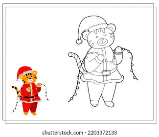 Coloring book for kids, cartoon tiger holding a garland. Vector isolated on a white background.
