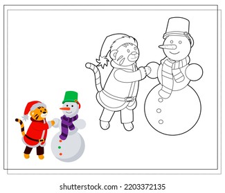 Coloring book for kids, cartoon tiger sculpts a snowman. Vector isolated on a white background.
