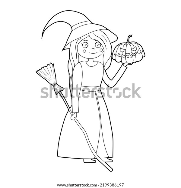 Coloring Book Kids Cartoon Witch Holding Stock Vector (Royalty Free ...