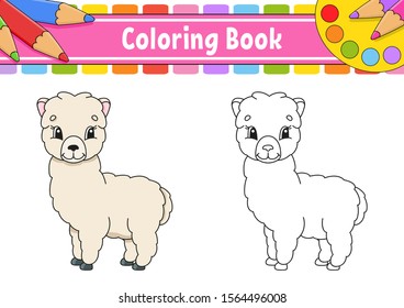 Coloring book for kids. Cheerful character. Vector color illustration. Cute cartoon style. Fantasy page for children. Black contour silhouette. Isolated on white background.