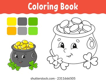 Coloring book for kids. Cheerful character. Cute cartoon style. Fantasy page for children. Black contour silhouette. Isolated on white background. Vector illustration.