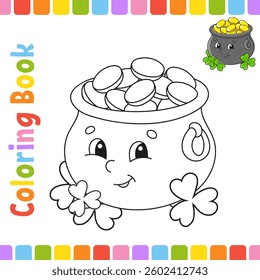 Coloring book for kids. Cheerful character. Cute cartoon . Fantasy page for children. Black contour silhouette. Isolated on white background. Vector illustration.