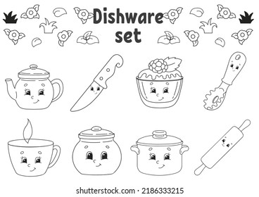 Coloring book for kids. Cheerful characters. Dishware theme. Vector illustration. Cute cartoon style. Black contour silhouette. Isolated on white background.