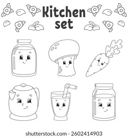 Coloring book for kids. Cheerful characters. Cute cartoon style. Black contour silhouette. Isolated on white background. Vector illustration.