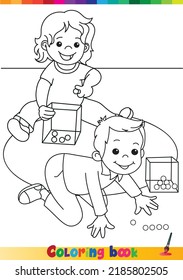 Coloring Book For Kids. Children Playing Marbles.