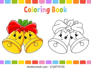 Coloring book for kids. Christmas bells. Cartoon character. Vector illustration. Fantasy page for children. Black contour silhouette. Isolated on white background.