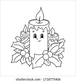 Coloring book for kids. Christmas burning candles decorated with holly leaves. Cartoon character. Vector illustration. Black contour silhouette. Isolated on white background.