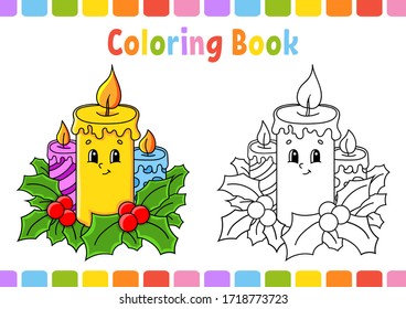 Coloring book for kids. Christmas candles. Cartoon character. Vector illustration. Fantasy page for children. Black contour silhouette. Isolated on white background.