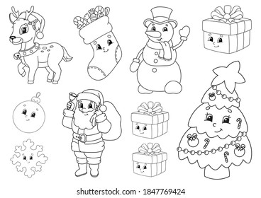 Coloring book for kids. Christmas theme. Cheerful characters. Vector illustration. Cute cartoon style. Black contour silhouette. Isolated on white background.