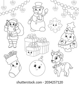 Coloring book for kids. Christmas theme. Cheerful characters. Vector illustration. Cute cartoon style. Black contour silhouette. Isolated on white background.